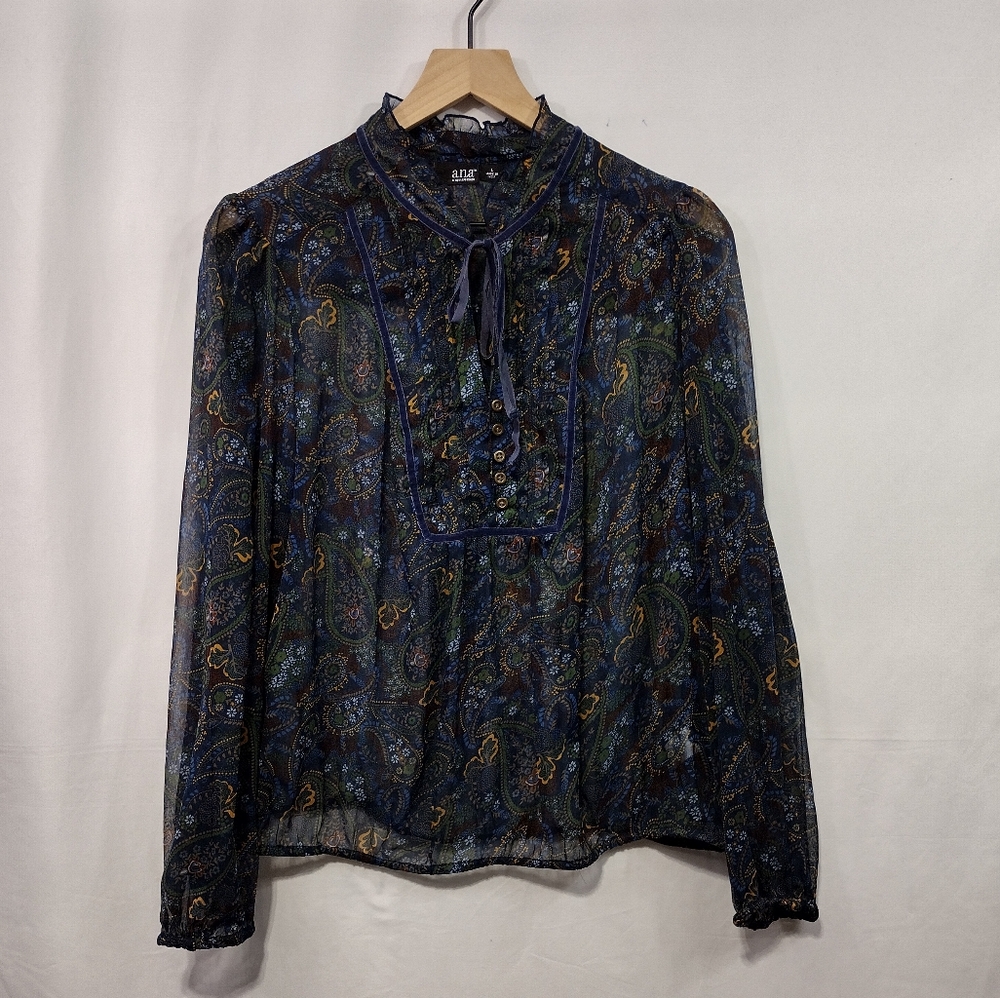 A.N.A. Paisley Babydoll Blouse Womens L Blue Sheer Cottagecore Preppy Retro 90s